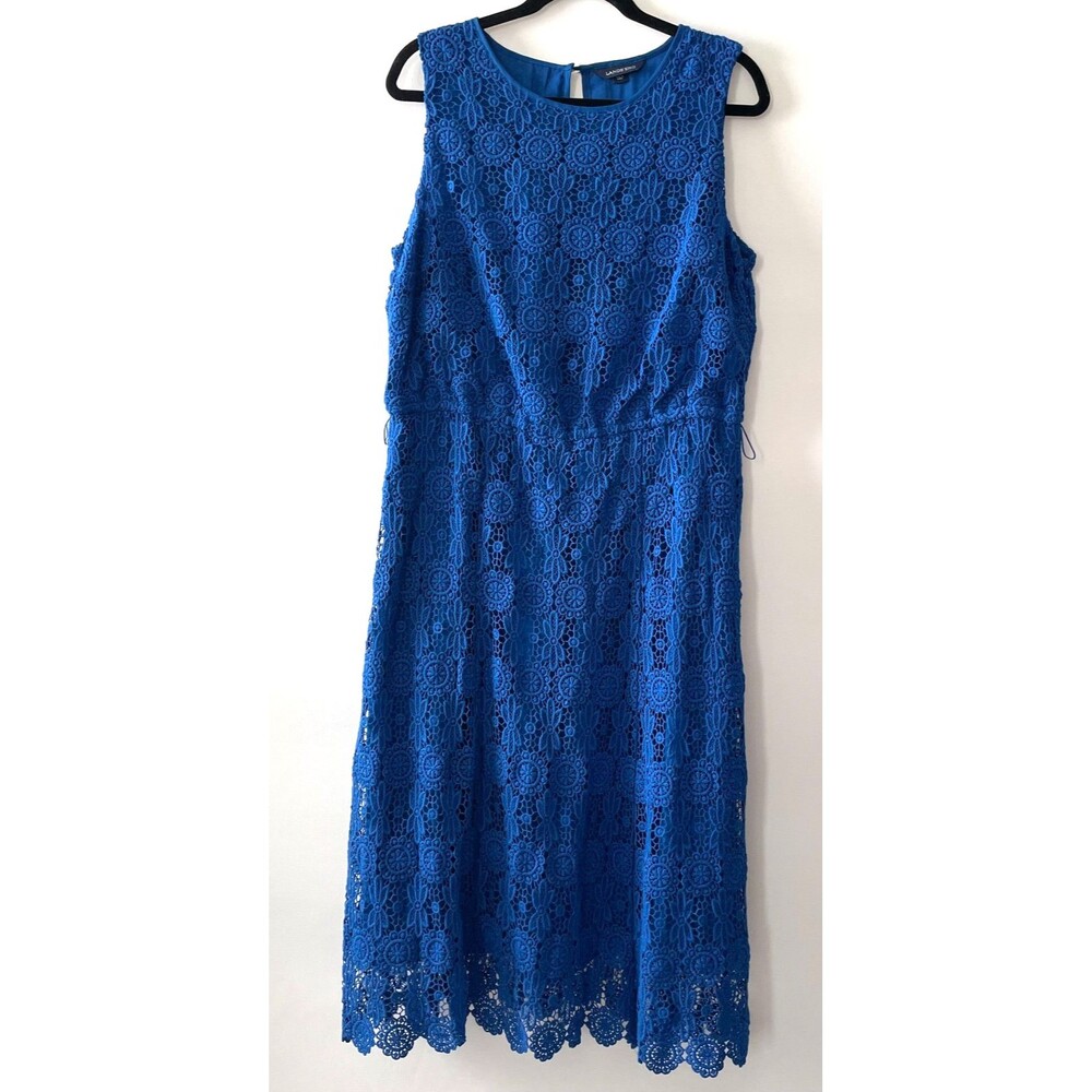 Lands’ End Dress Womens 14 Blue Floral Crochet Lace Sleeveless Lined